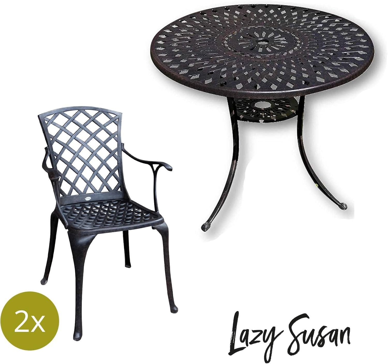 Lazy Susan 88 cm Runder Mia Gartentisch in Antik Bronze mit 2 Emma Stühlen, Ohne Sitzkissen | Nachhaltiges Sandguss-Aluminium | Wetterfest | Rostfrei | Wartungsarm | 3 Jahre Garantie