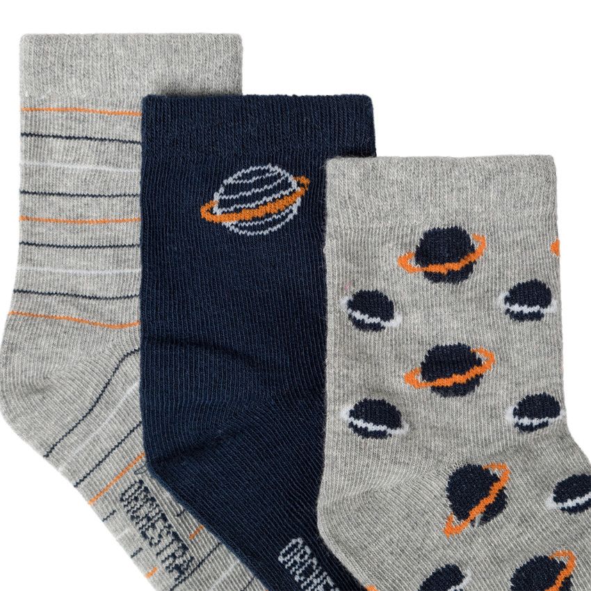 Lot de 3 paires de chaussettes motif planètes et rayures - Gris chiné