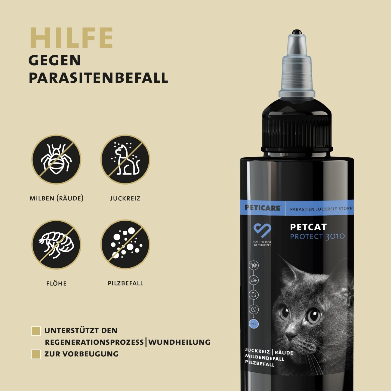 Peticare Anti-Parasiten Mittel für Katzen gegen Milben Flöhe Pilze 50 ml