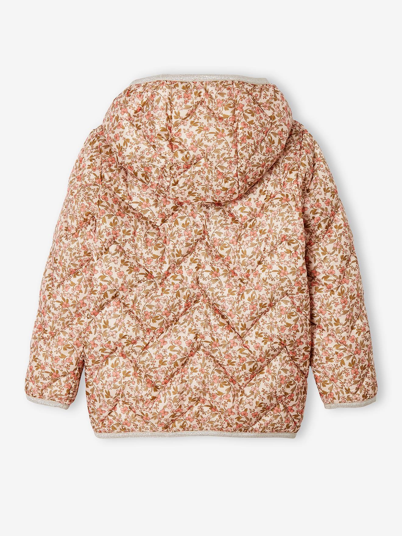 Jaqueta acolchoada leve com capuz e detalhes iridescentes, para meninas, estampa amarela tamanho médio.