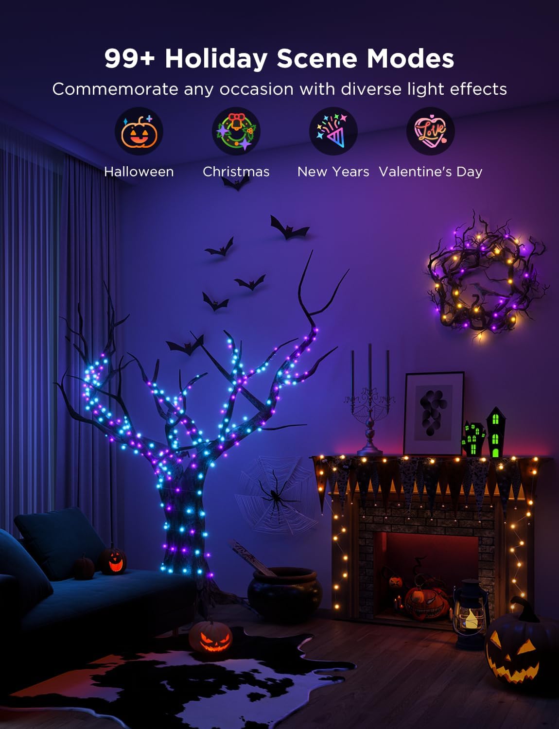 Govee Christmas Lights 66ft, Smart RGBIC Halloween Lights App-Controlled, 99+ Scene Modes, IP65 Waterproof, Sync with Music, Works with Alexa, String Lights for Christmas Halloween Decorations