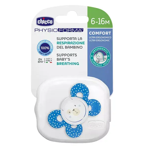 Chupeta de silicone Chicco Physio Forma Comfort +6 meses, azul com bolinhas + caixa esterilizadora