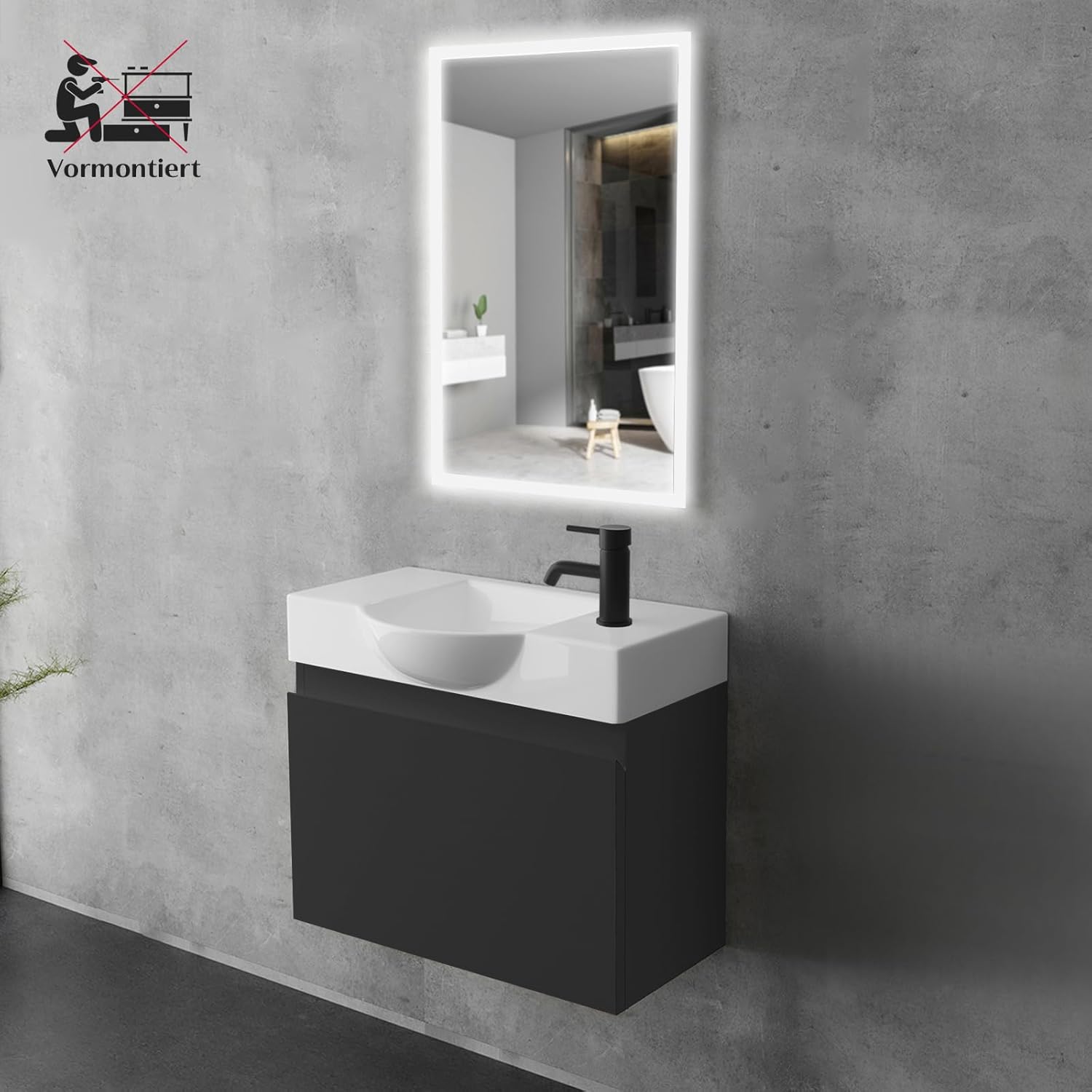 Alpenberger Badmöbel Set | Waschbecken mit Unterschrank 55 cm Breit | Badezimmerschrank Badschrank Schmal | Badezimmermöbel Waschtisch | Schrank Klein | Waschbeckenunterschrank Schwarz