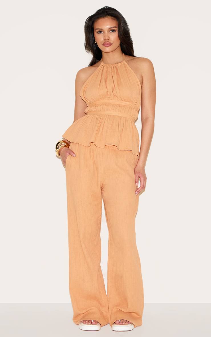 Abricot Pantalon Large Taille Basse En Gaze De Coton