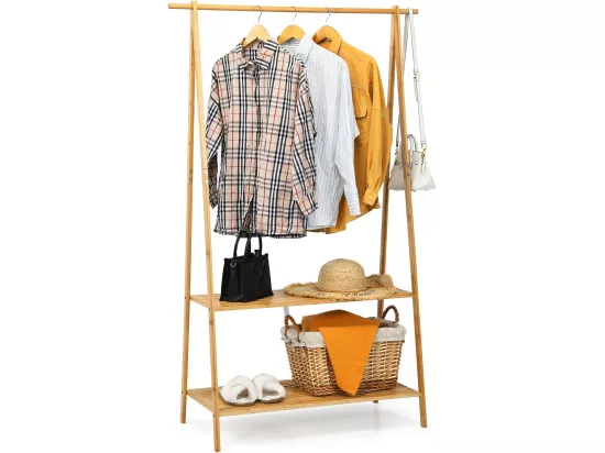 Portant à Vetement en Bambou, Penderie Vetement Tringle 101cm, 2 Étagères, Porte Vetement Solide pour Chambre, Buanderie （Jaune）