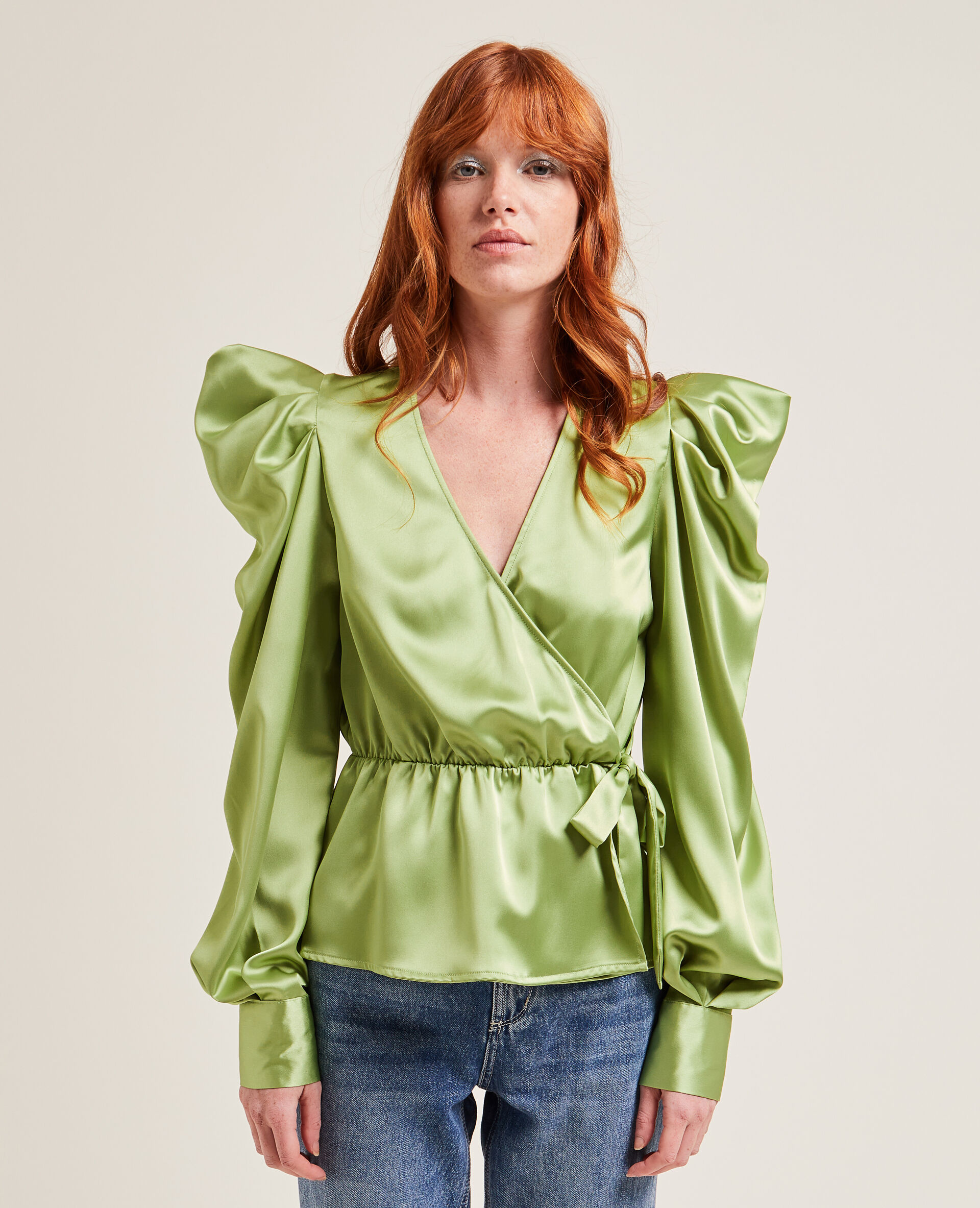 Blouse cache-cœur en satin - Vert