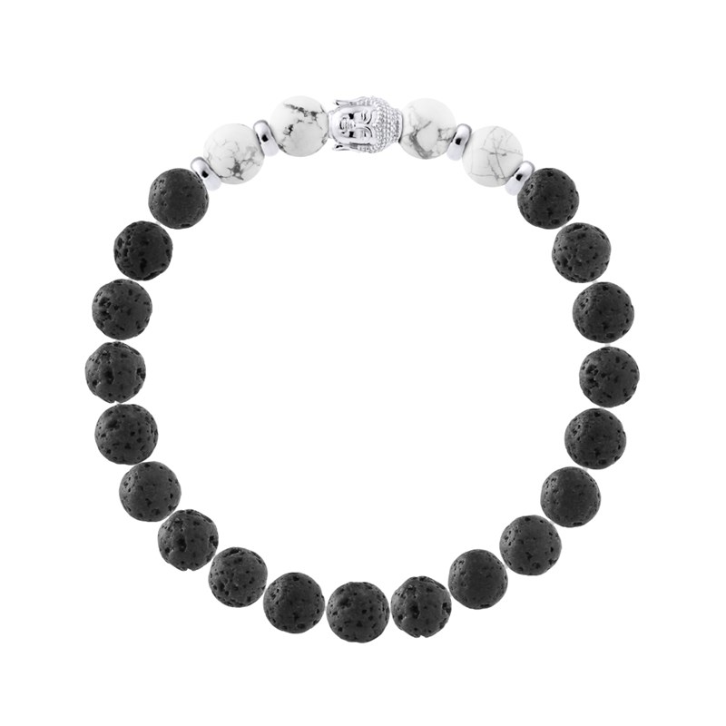 Bracelet BUDDAH Véritable Howlite Blanche Naturelle - Pierre de Lave Naturelle - Argent 925