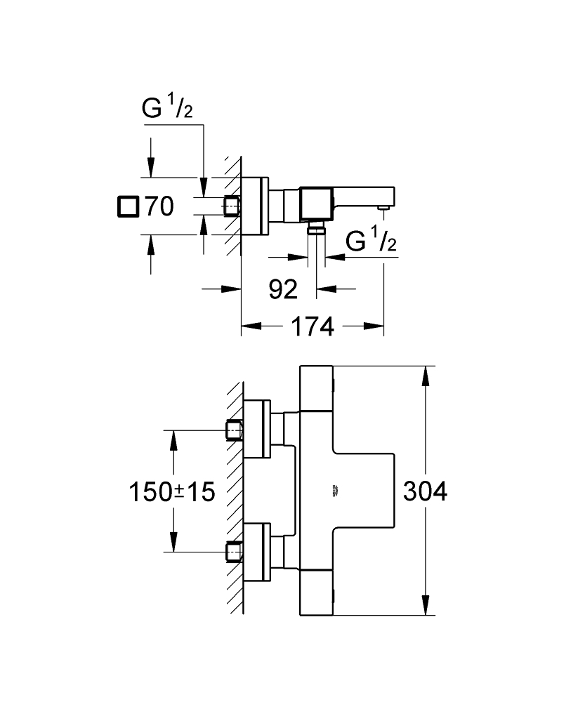 Grohe Cube badkraan thermostatisch m. omstel m. koppelingen HOH=15cm chroom