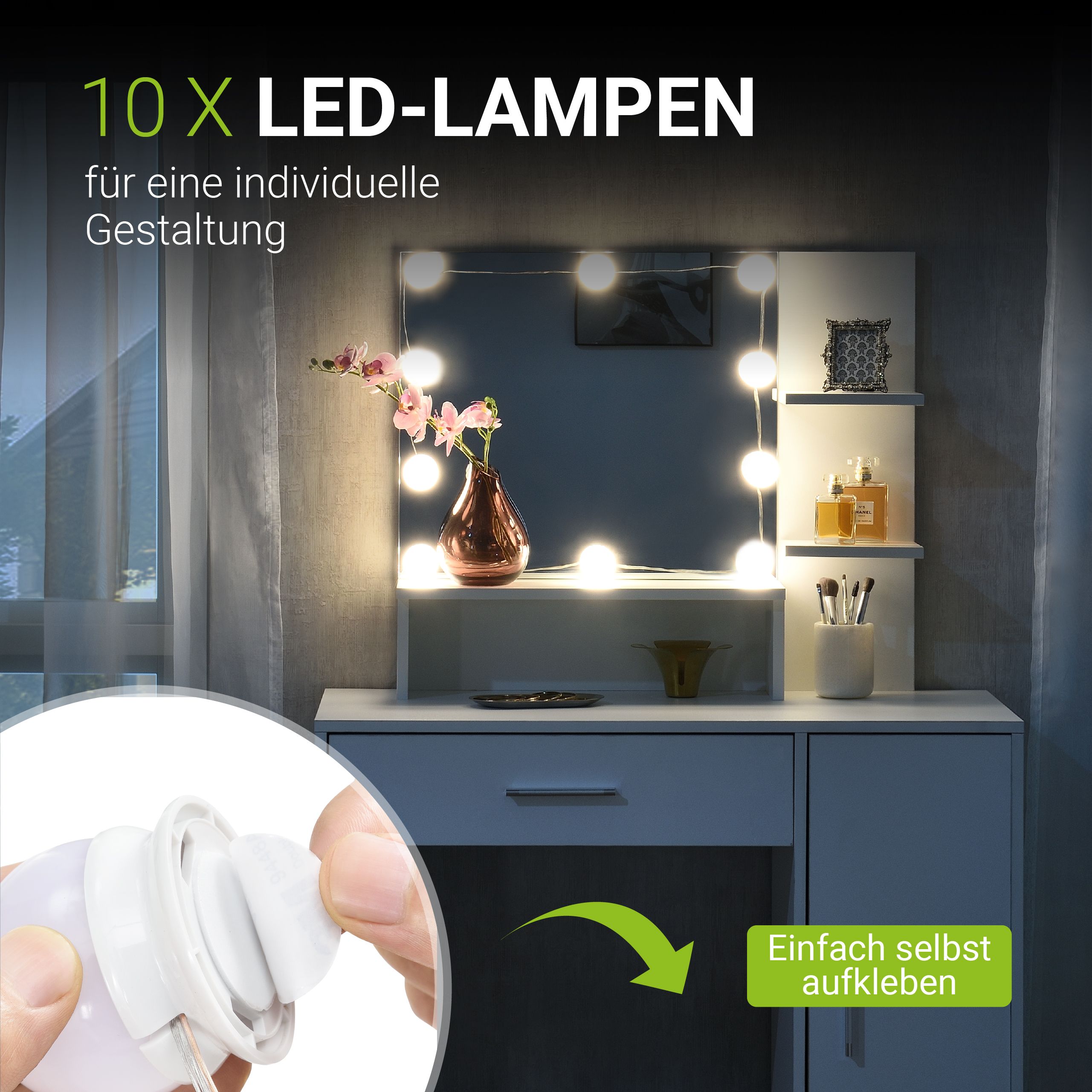 Juskys Schminktisch Zoey Weiß – Frisiertisch mit LED-Beleuchtung, Spiegel, Schublade & Schrank