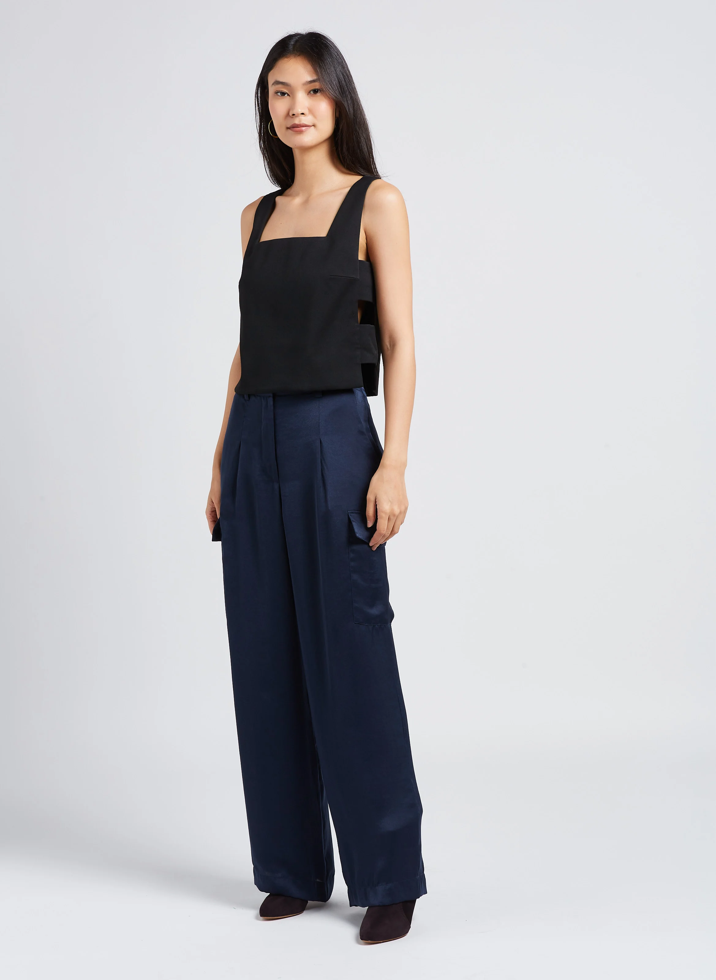 CARY - Pantalon cargo taille haute satiné | Bleu
