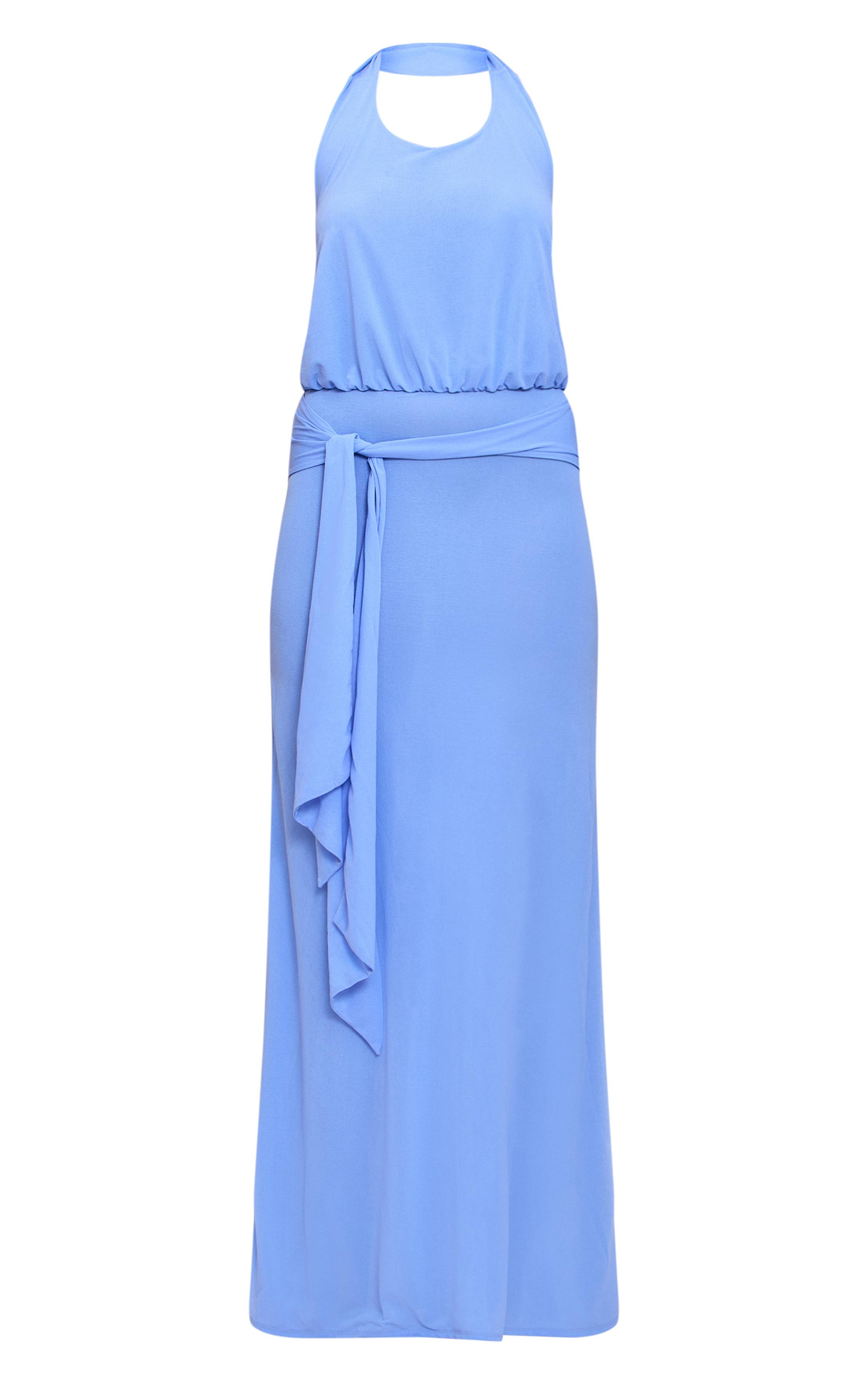 Bleu Vif Robe Longue En Mousseline Double Épaisseur Col Licou Avec Découpe