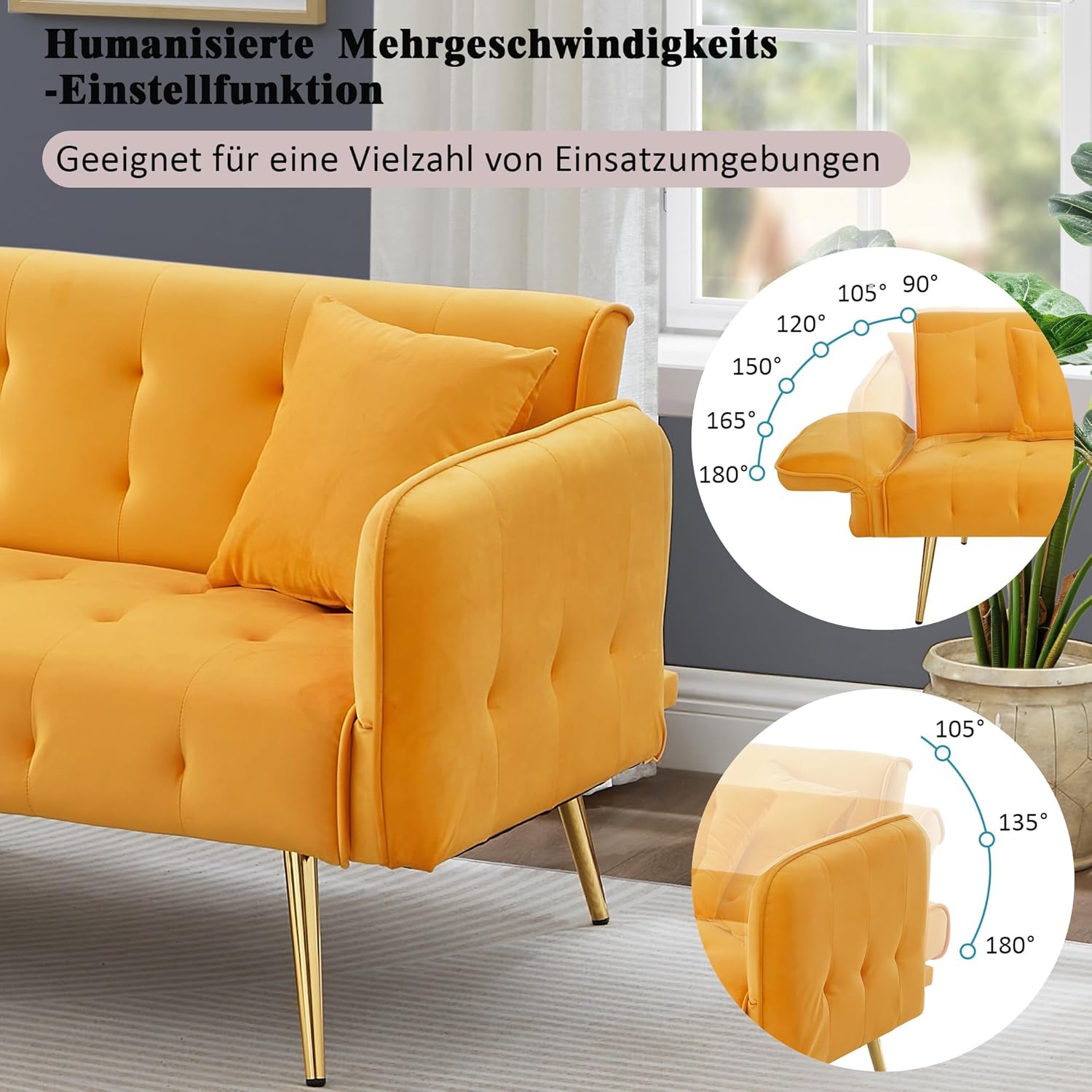 Zweisitzer-Multifunktions-Sofabett mit Bettfunktion, Verstellbarer Rückenlehne + mehrstelligen Armlehnen. Modernes Faltsofabett für Wohnzimmer - Veloursbezug. Großzügiger Schlafbereich