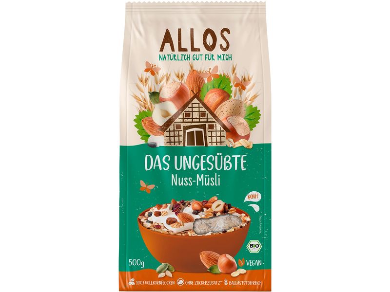 Allos Das ungesüsste Nuss-Müesli 500 g Bio Getreideflocken ohne zugesetzten Zucker