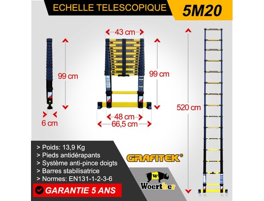 WOERTHER - Echelle télescopique 5m50 grafitek avec barre stabilisatrice...