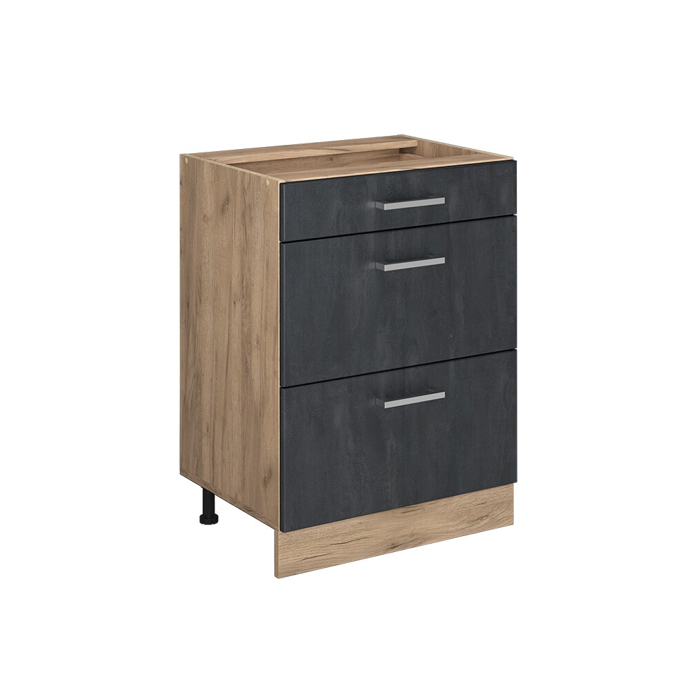 Vicco Schubladenunterschrank R-Line Schwarz Beton Eiche 60 cm mit Arbeitsplatte Eiche