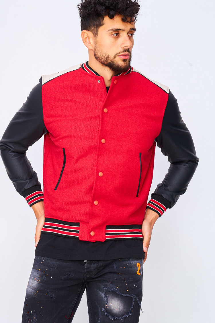 Bomber rouge/noir manches simili cuir