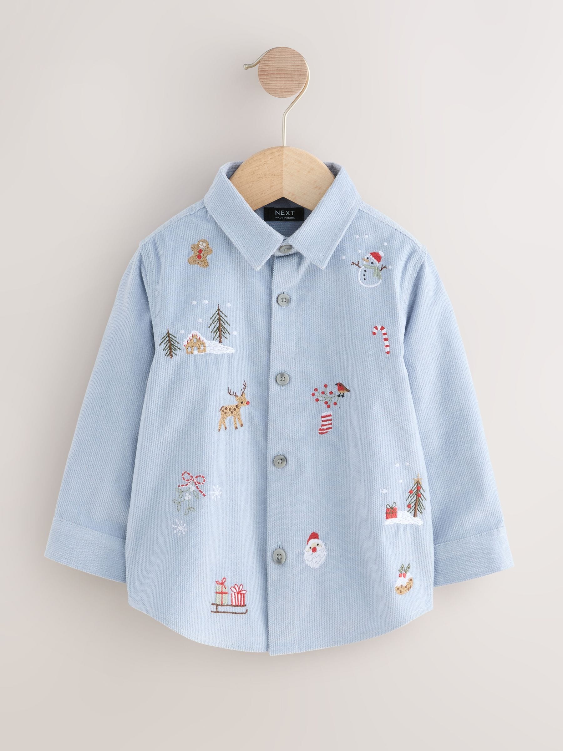 Blauw - Kerstshirt met lange mouwen en geborduurd figuurtje (3mnd-7jr)