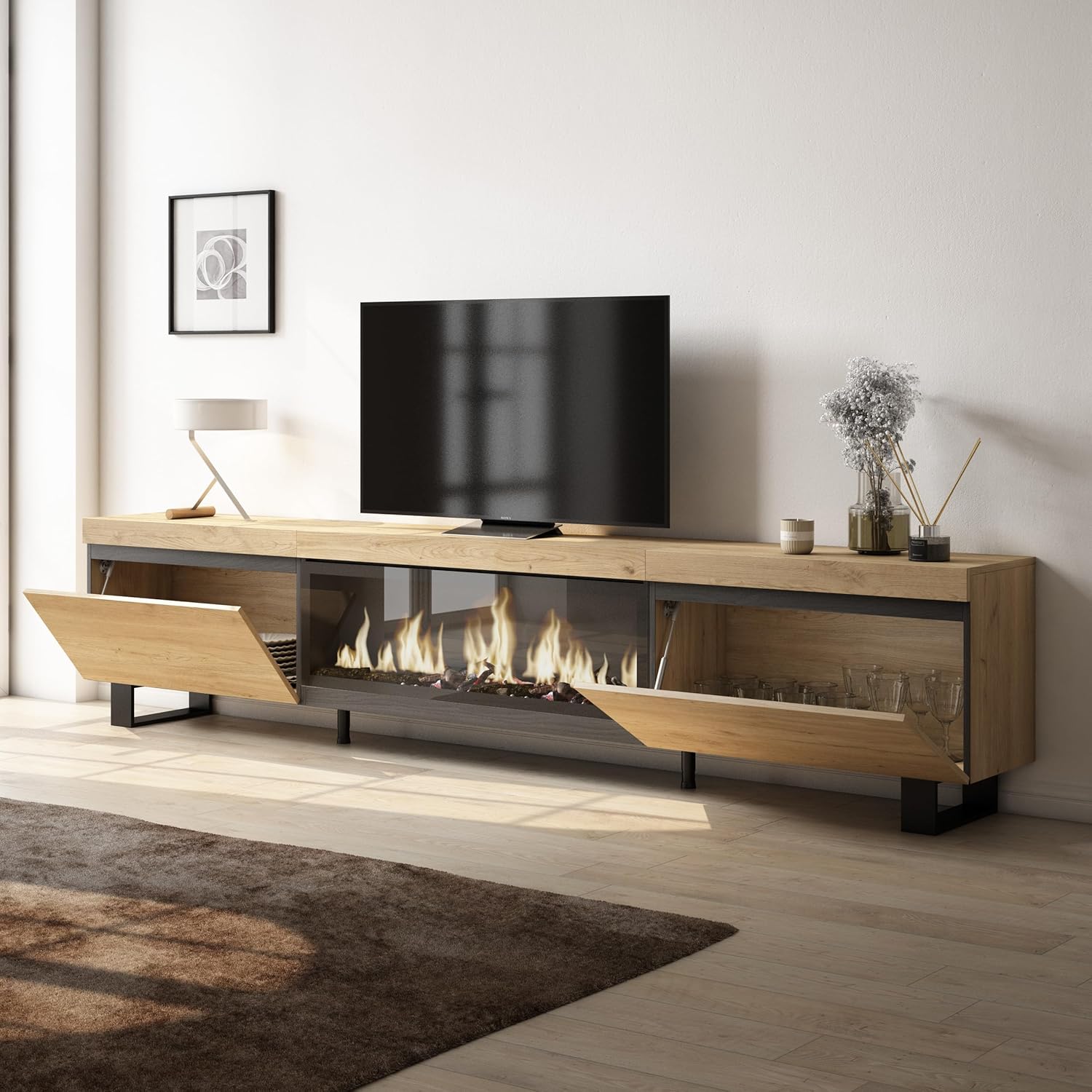 Skraut Home | TV-Schrank, Lowboard | für Wohnzimmer und Esszimmer | 267x57x35 cm | Für großformatiges TV | Elektrokamin XXL | Industriedesign | Moderner Stil | Eiche