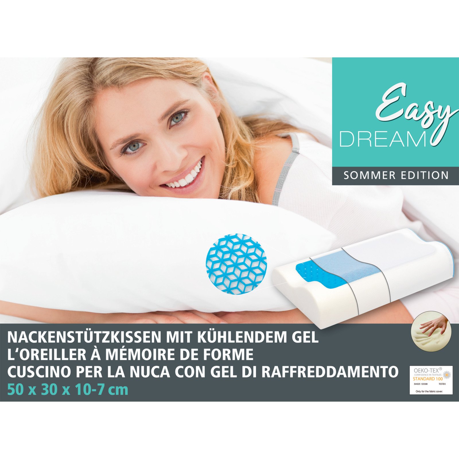 Easy Dream Nackenstützkissen Sommer Edition mit kühlendem Gel, 50 x 30 x 10-7 cm