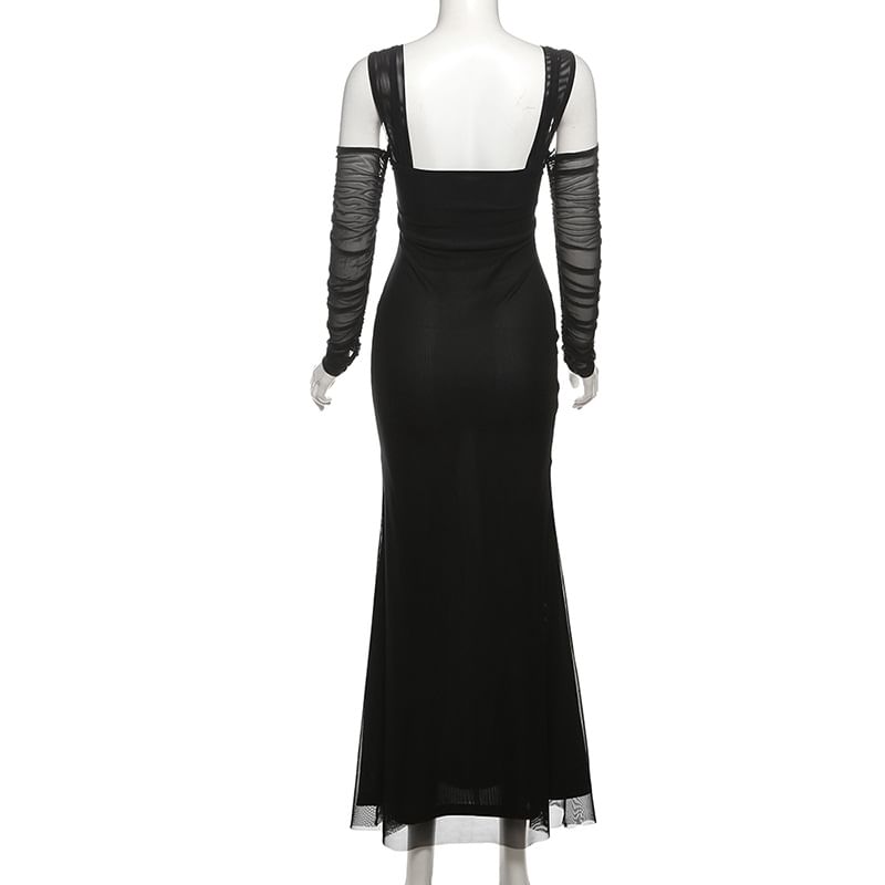 HERMITAKH - Lange mouw off-shoulder effen geplooide mesh maxi zeemeerminjurk