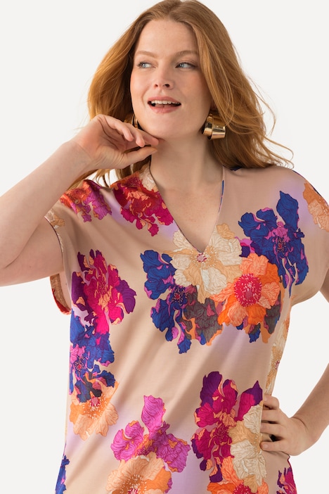 T-Shirt, Blüten-Design, Classic, V-Ausschnitt, Halbarm