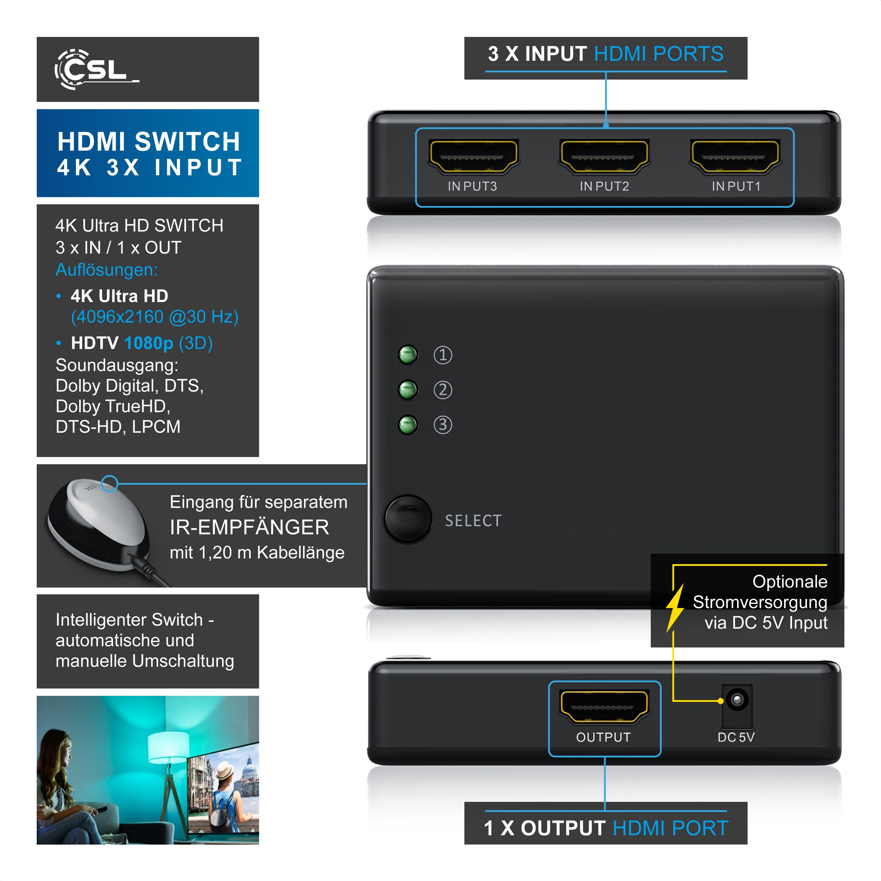 Primewire Audio / Video Matrix-Switch, 3-Port UHD HDMI Switch / Verteiler inkl. Fernbedienung, 4K, 3D, CEC