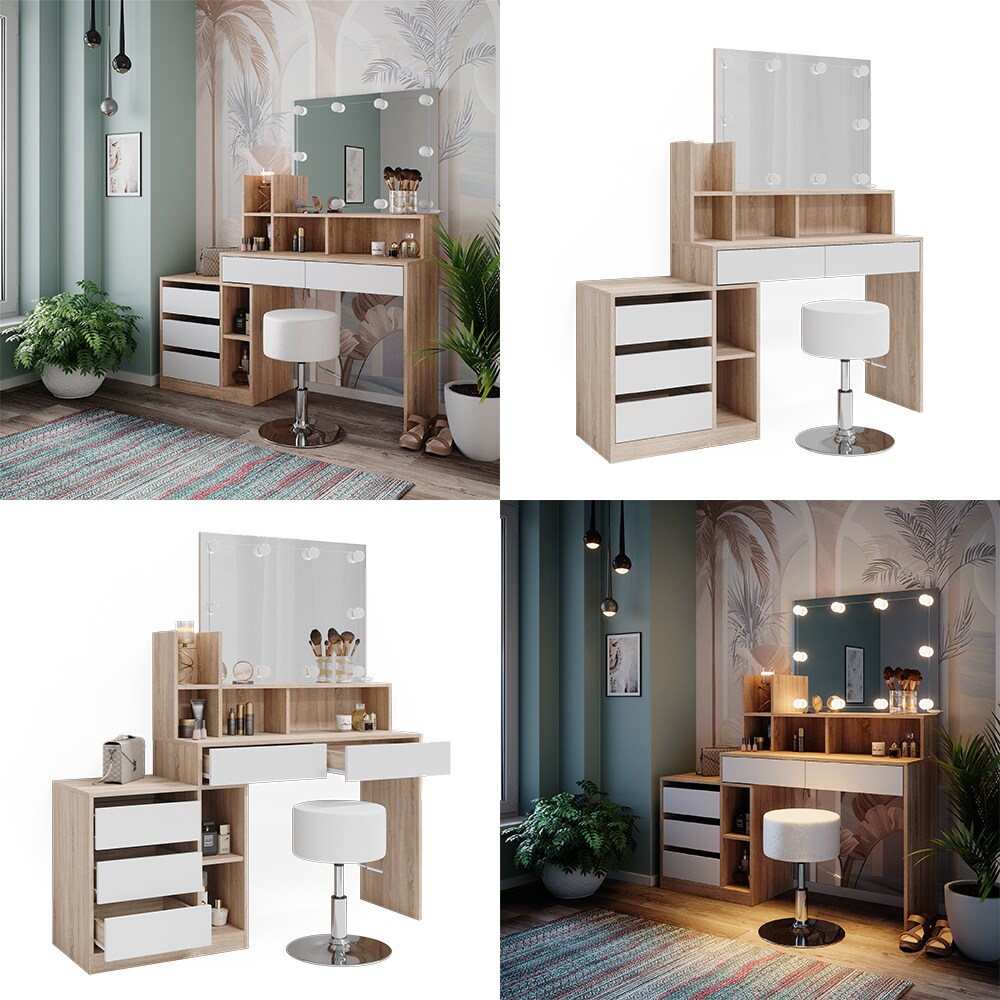 Vicco Schminktisch Anja 139,8 x 115 cm Sonoma Weiß Spiegel Hocker LED modern