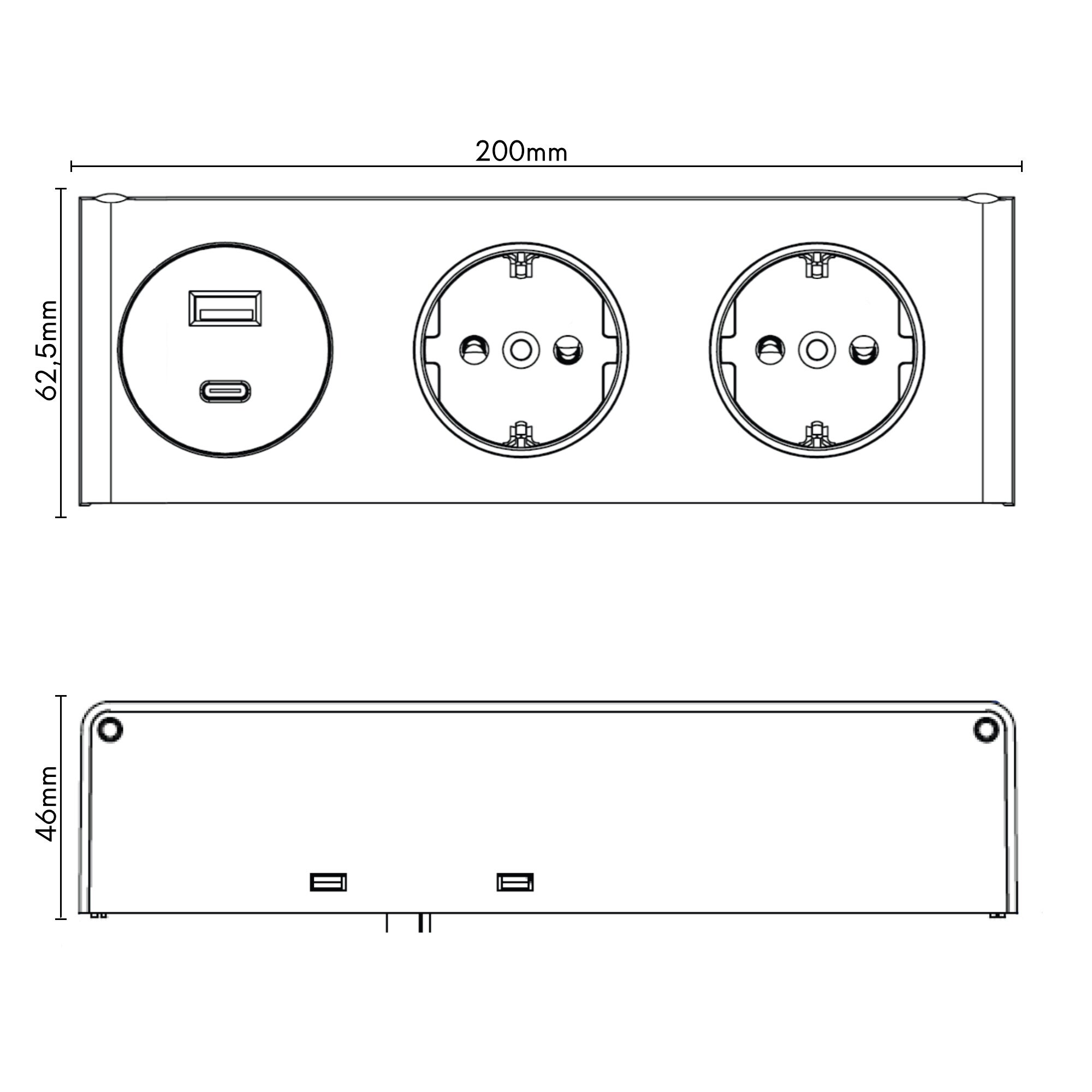 kalb | 3-fach Steckdosenleiste zur Montage, 2x 230V und 2x USB Steckdosen, 200x46x62.5 mm, Anschlusskabel mit Stecker, schwarz