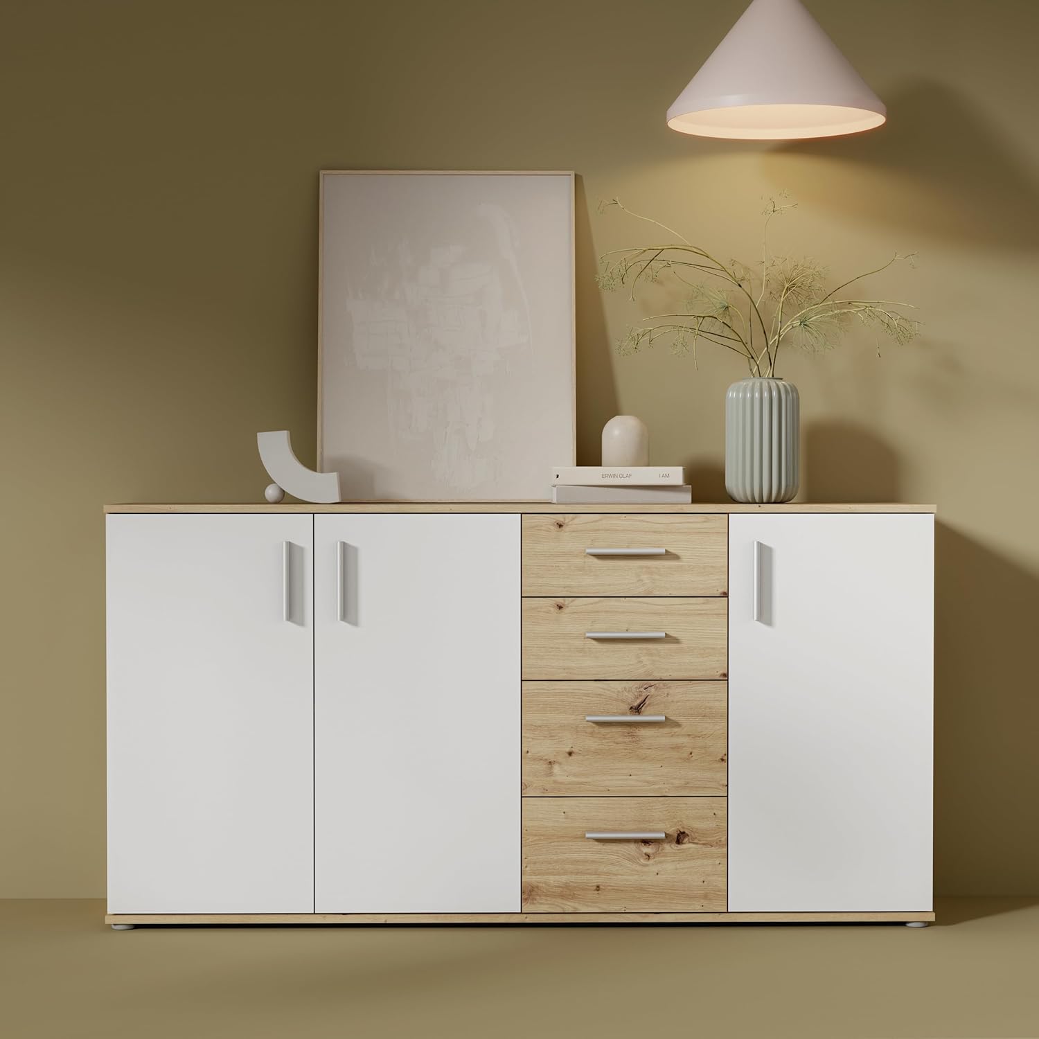 Forte IKOLI Kommode 160, Moderne Kommode, 3-türig, 4 Schubladen, Wohn-/Schlafzimmer, Flur, Holzwerkstoff, Weiß mit Artisan Eiche Holzdekor, 159,2 cm breit x 81,7 cm hoch x 31,4 cm tief