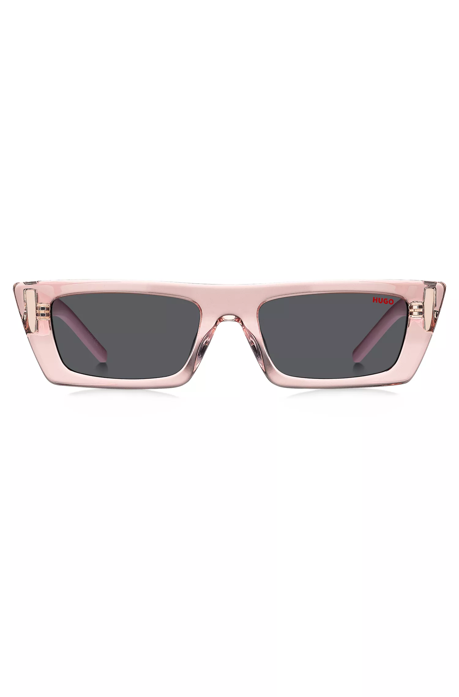 Óculos de sol HUGO em acetato vermelho e rosa com monograma 3D.