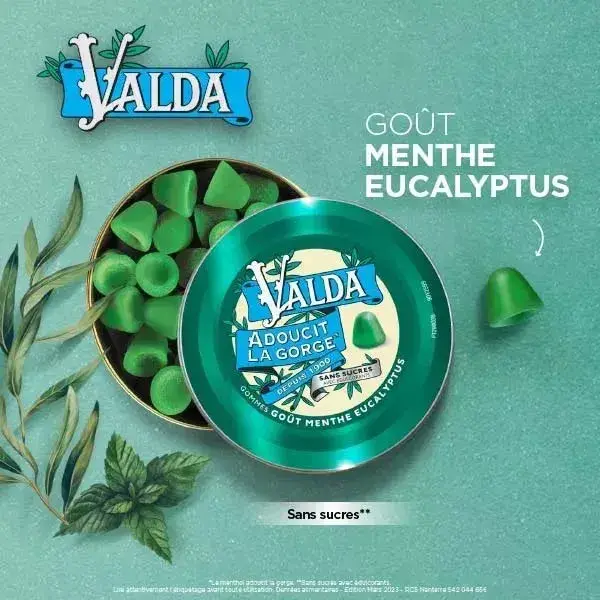 Gomas de mascar Valda sem açúcar com menta e eucalipto para aliviar a garganta, 140g