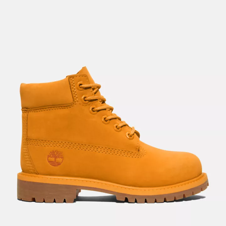 Bota Timberland Premium de 6 polegadas impermeável, edição 50, para jovens, na cor laranja.