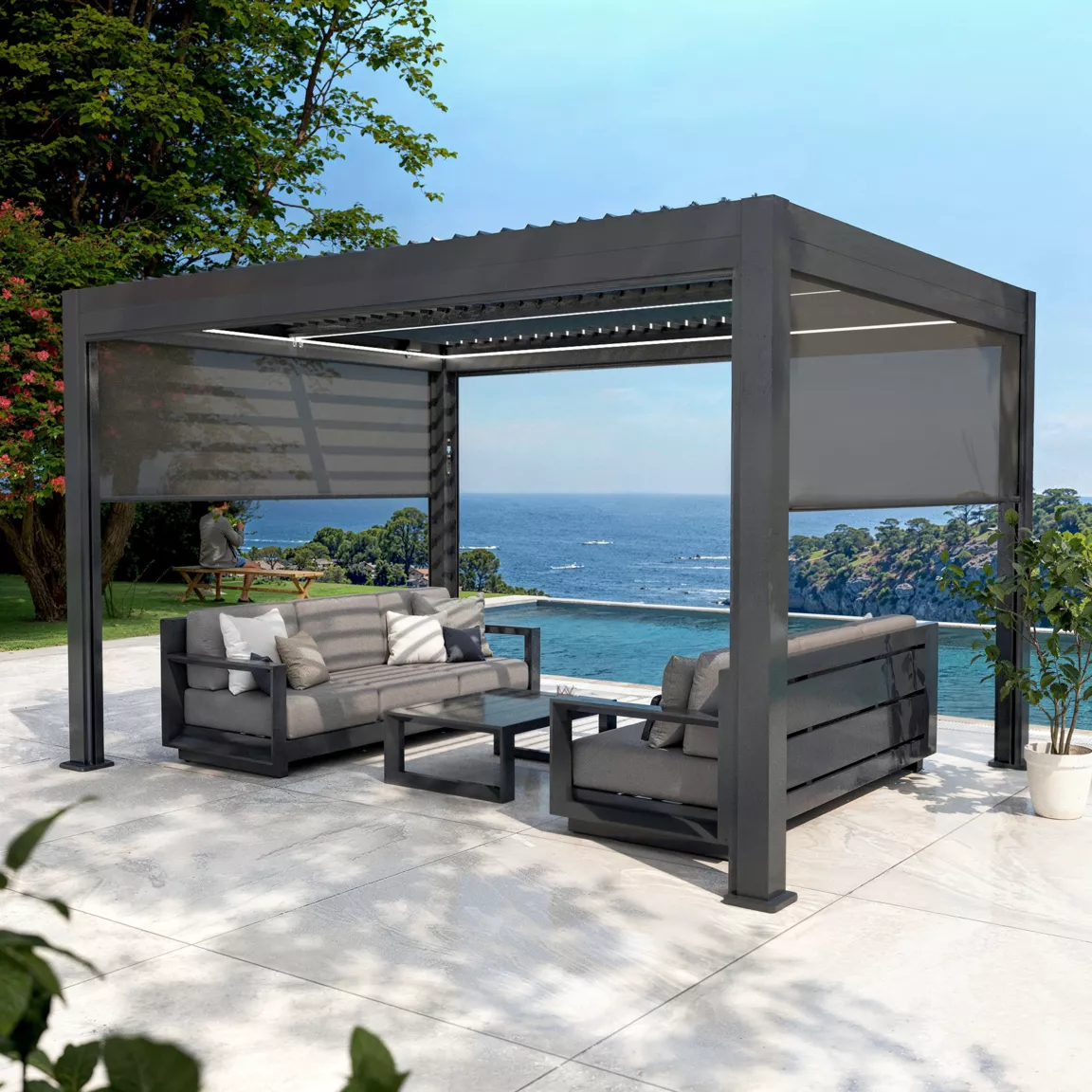 Lot de 4 rideaux motorisés pour pergola bioclimatique autoportée (3 x 4 m) Gris anthracite