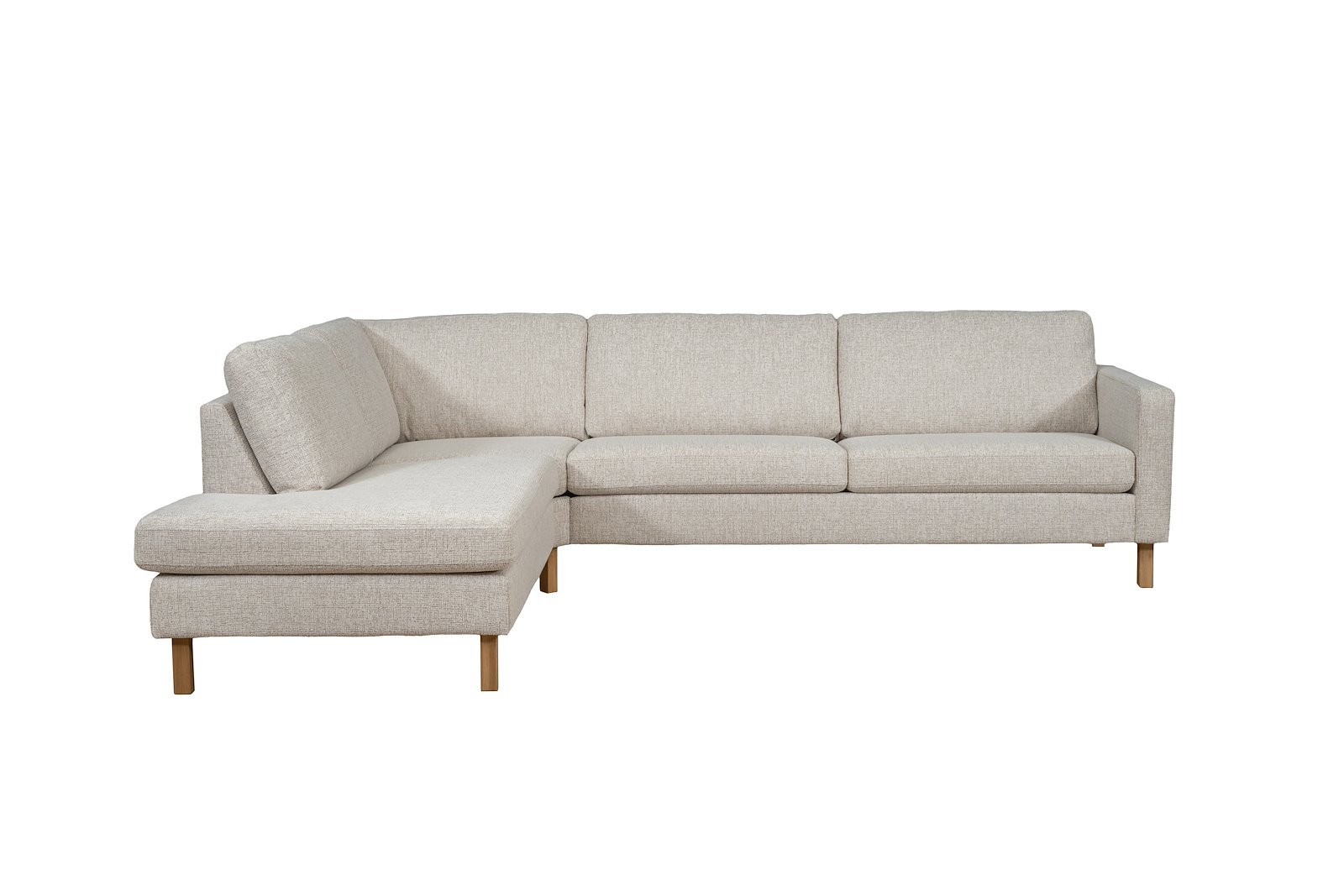 Mandal hjørnesofa Oppsett RV. 3-seter med åpen ende venstre. Tekstil Nivus 203 Lin Creme. Arm 16, Duo puter, Firkantet ben 16 cm Natur. Skum