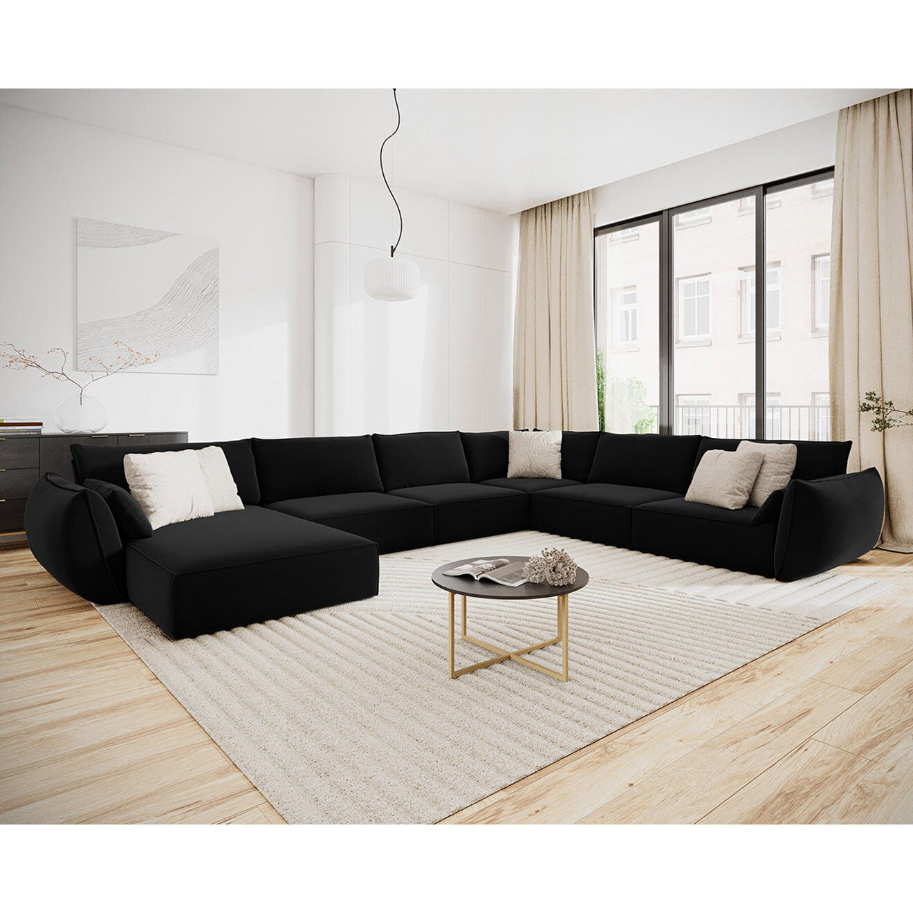 Mazzini Sofas Canapé d'angle Panoramique droit Velours Vanda 8 Places noir - 384x284x85 cm