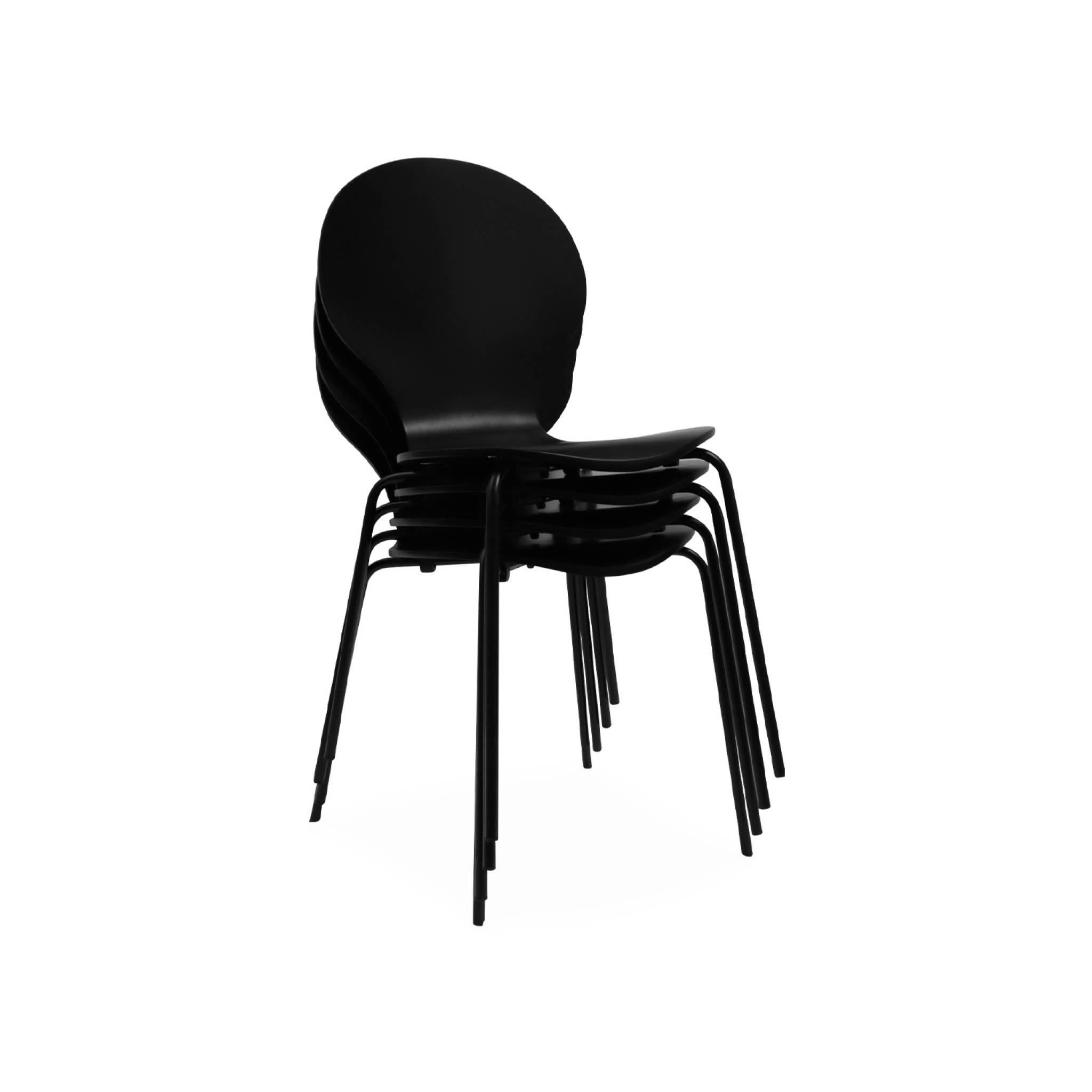 Lot de 4 chaises noires rétro empilables. Bois d'hévéa et contreplaqué. Pieds en acier. Naomi. L 43 x p 48 x h 87cm