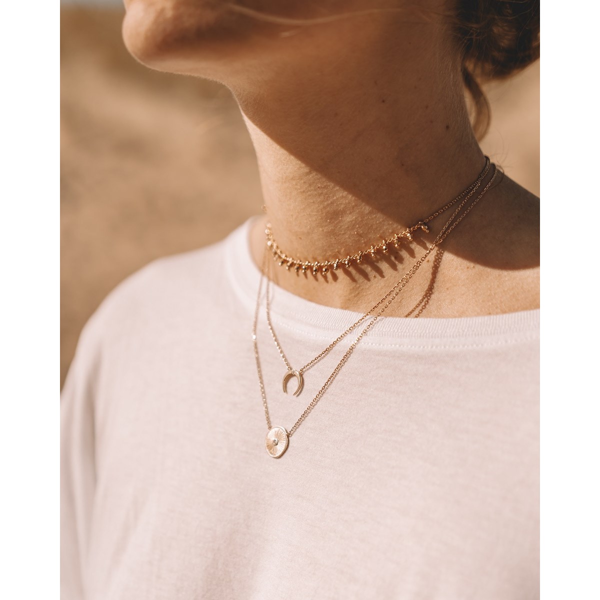 Collier Fin Plaqué Or Mode Croissant de Lune Zirconium