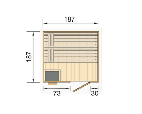 Weka Naantali saunacabine inclusief 9 kW kachel en geïntegreerde bedieningseenheid met houten deur en geïsoleerd glas.