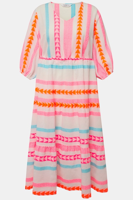 Maxikleid, A-Linie, Jacquard-Streifen, V-Ausschnitt, 3/4-Ärmel