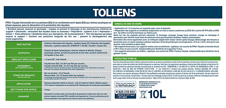 Peinture extérieure façade universelle Tollens pro+ blanc 10L