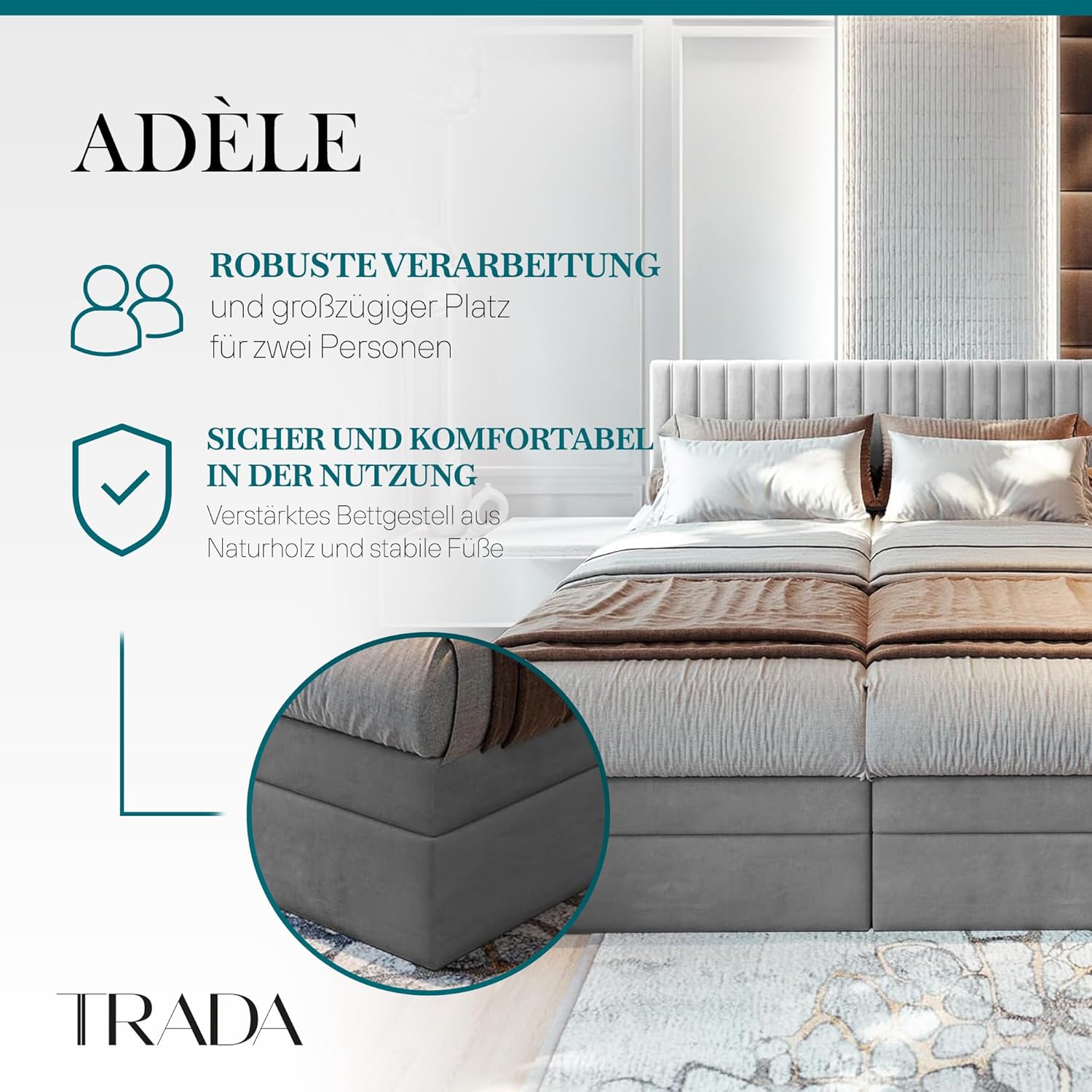 TRADA Boxspringbett ADÈLE 160 x 200 cm – elektrische Bett mit Matratze + Tooper und Bettkasten - Stoffbezug Veloursstoff - Beige - 160 x 200 cm