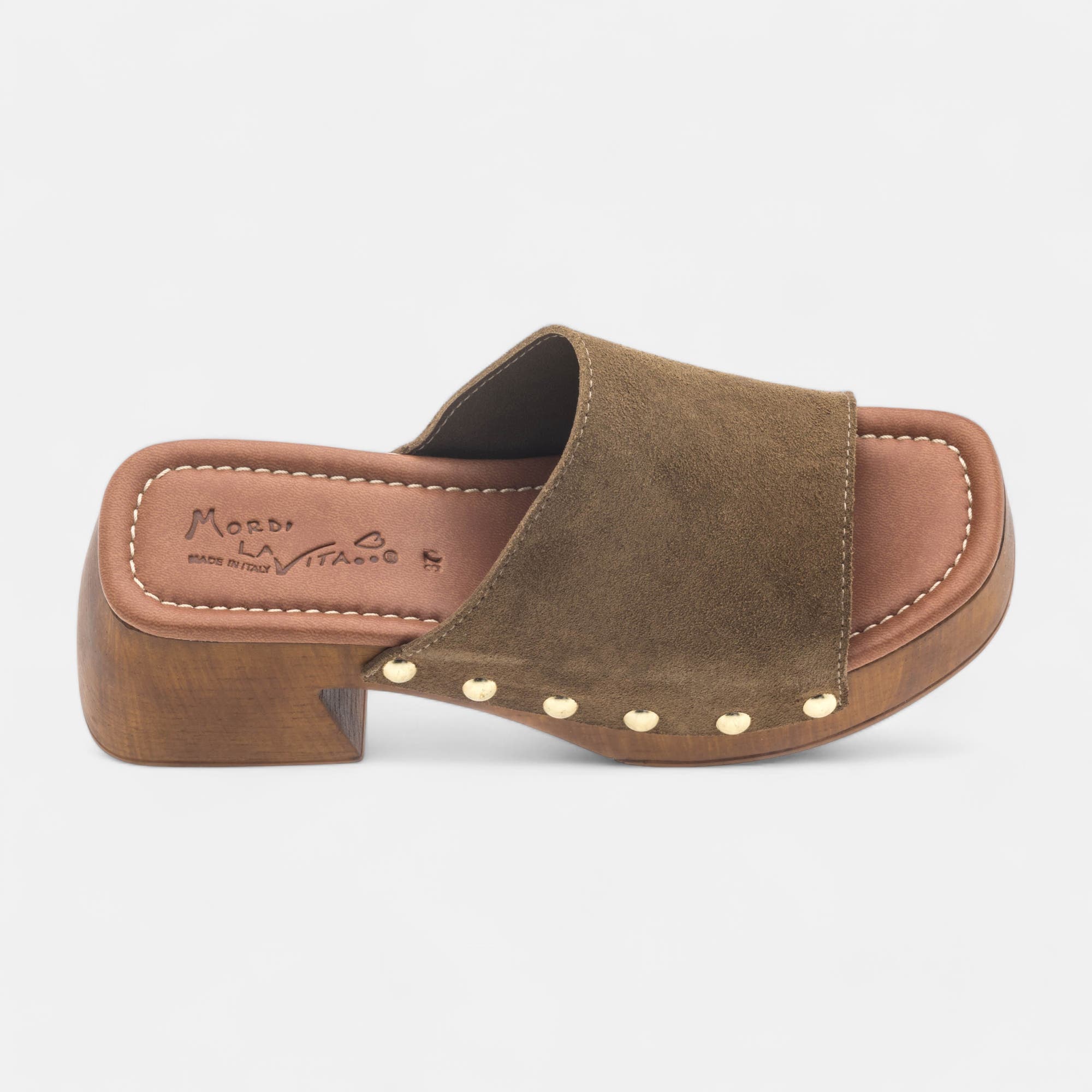 Chaussures semelle bois à talon compensé Femme en cuir kaki