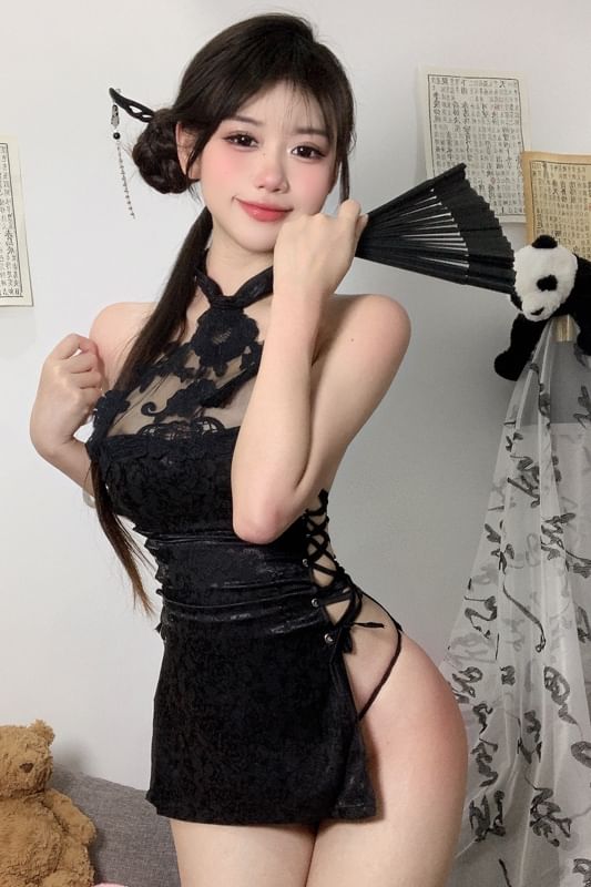 Wild Cat - Jacquard Qipao Lingerie Kostuum / Kousen / Panty / Set