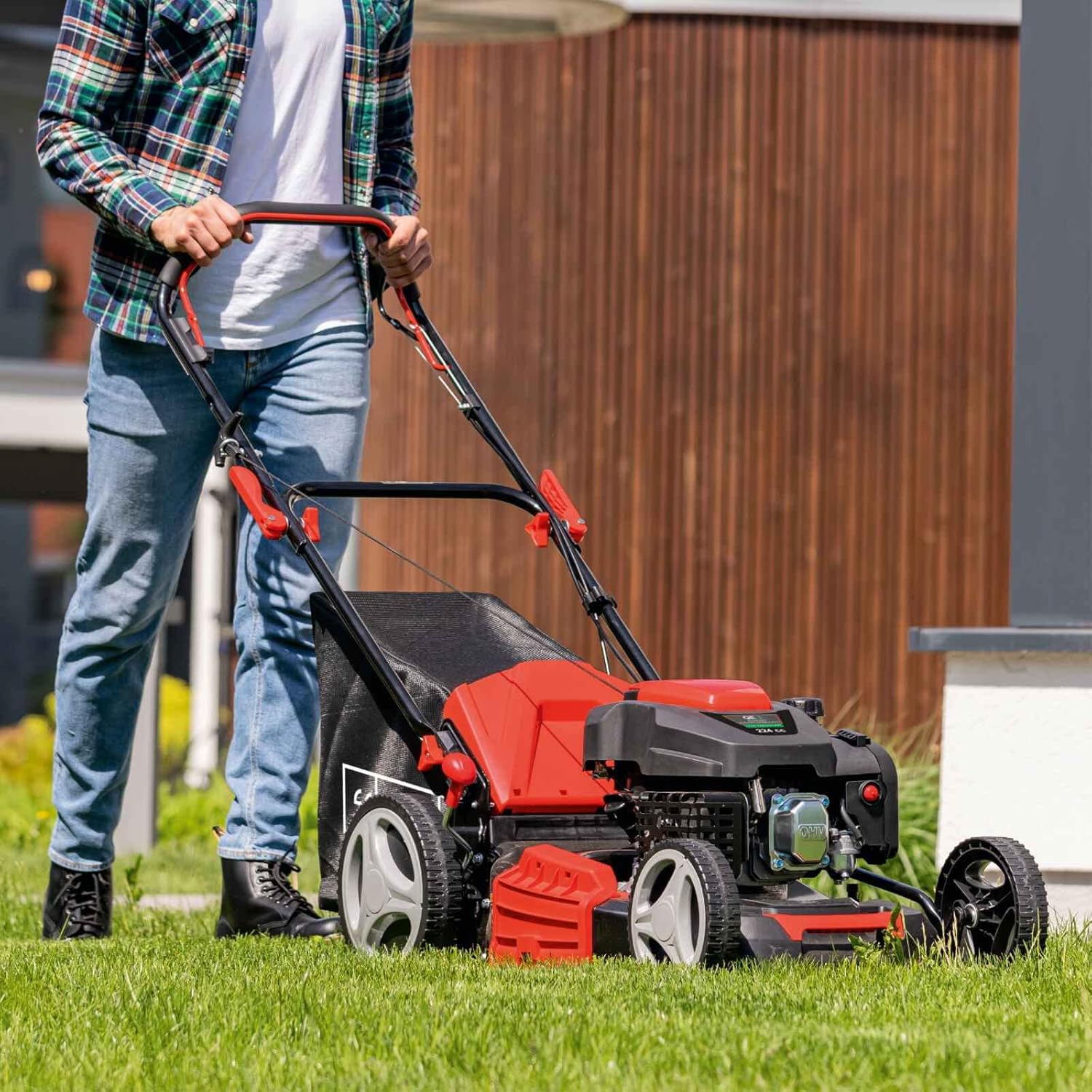 Scheppach Benzin Rasenmäher MS230-53 mit Radantrieb | 53cm Schnittbreite | 65L Fangbox | Höhenverstellung 7 Stufen | Seitenauswurf & Reinigungsfunktion | Mulchmäher | inkl. Motoröl