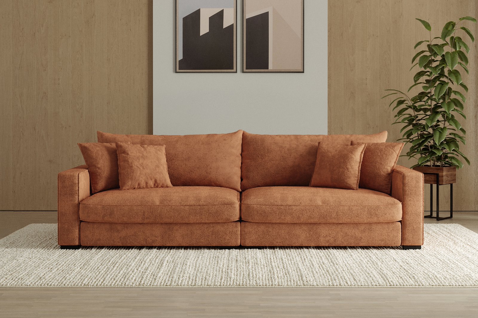 Rossi 4-seter sofa Tekstil Genesis 9 Deep Terra, arm B med sorte ben. Std. Komfort.