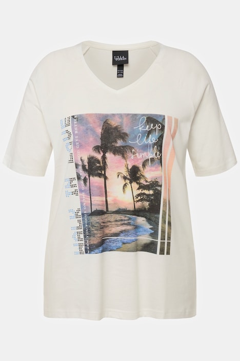 T-Shirt, Palmen-Fotomotiv, V-Ausschnitt, Halbarm