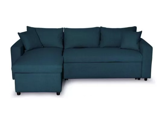 Canapé d'angle 3 places Maria réversible, convertible avec coffre en tissu - Bleu - L227 x P146 x H81cm - Loungitude
