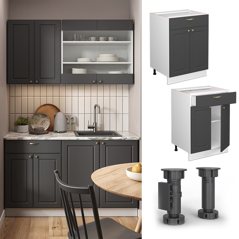 Vicco Schubunterschrank Küchenschrank Küchenmöbel Fame-Line Weiß Anthrazit-Gold Landhaus 60 cm Küche Einbauküche Drehtür Schublade Einlegeboden Blende Küchenzeile