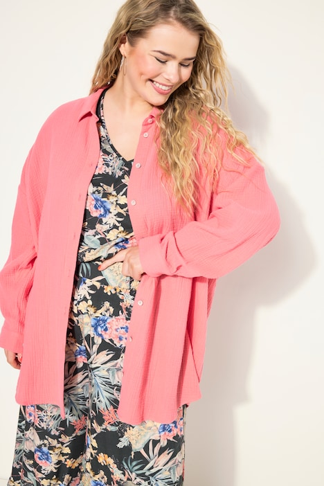 Musselin Bluse, oversized, Hemdkragen, Langarm