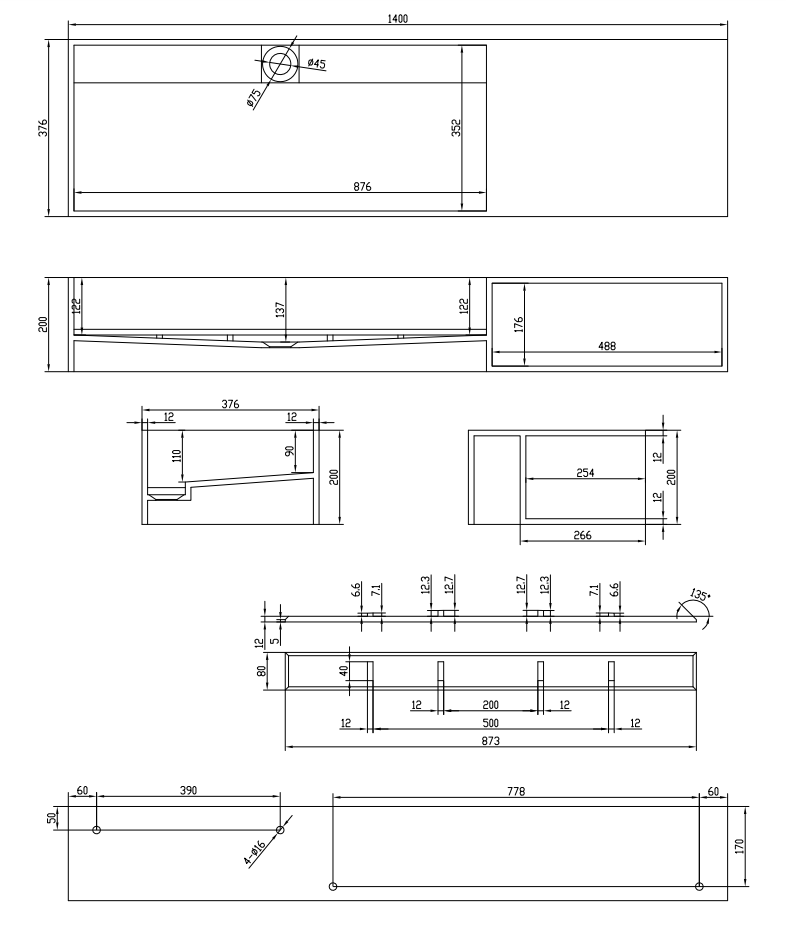 SSI Design New York wastafel Solid Surface 140x37,6x20cm